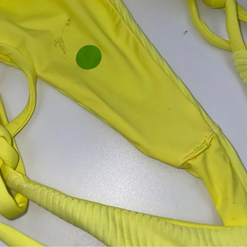 NWOT Frankie’s Bikinis yellow tie plisse ribbed thong bikini bottoms 12528